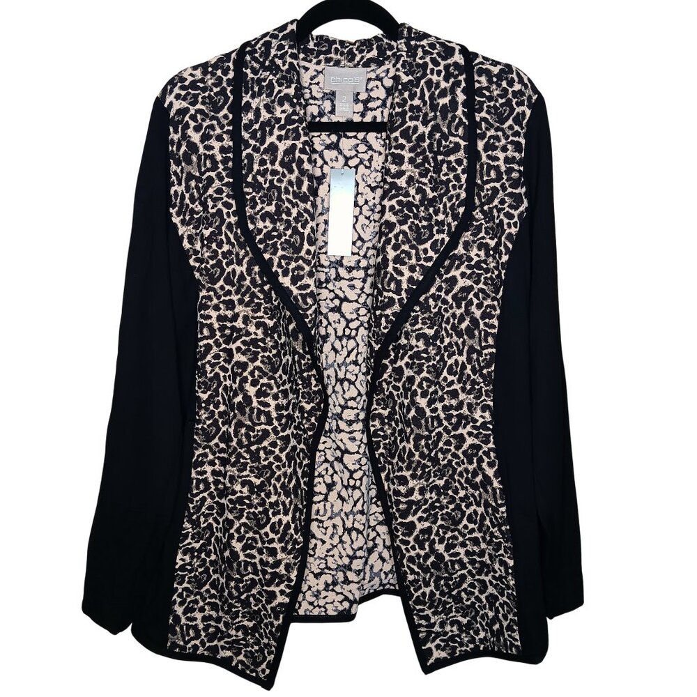 Chico's Chic Cheetah Camel Ponte Jacket Open Front Cardigan Blazer Sweater NWT